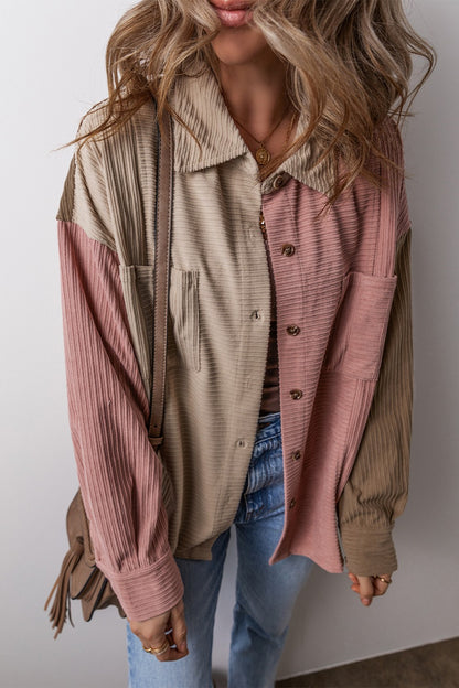 Button Up Color Block  Long Sleeve Shacket