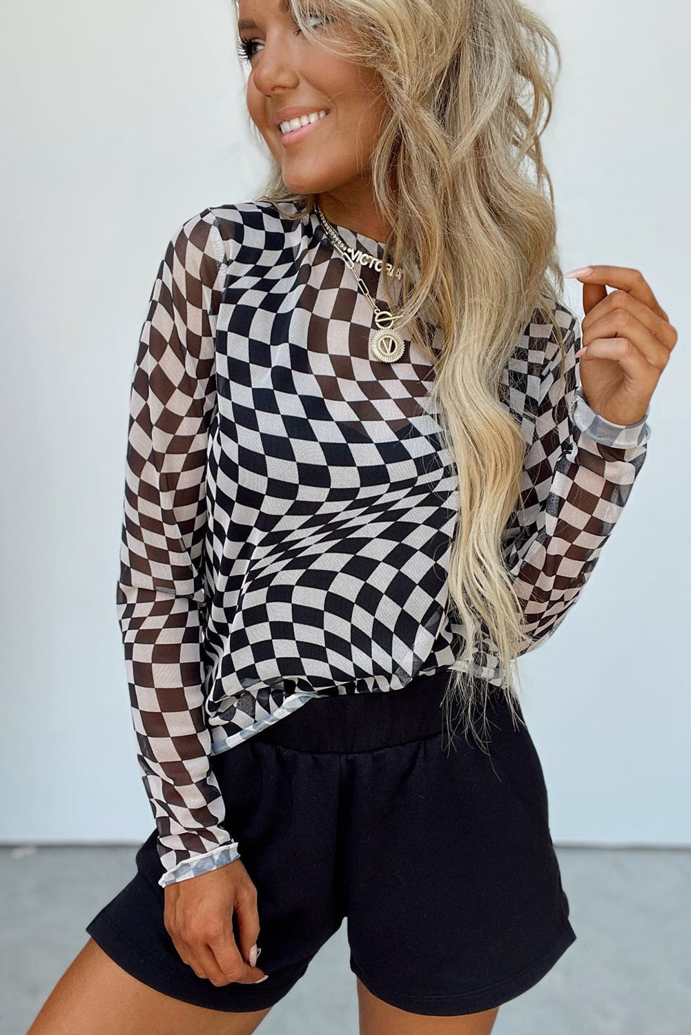 Black Checkered Pattern Mesh Long Sleeve Top