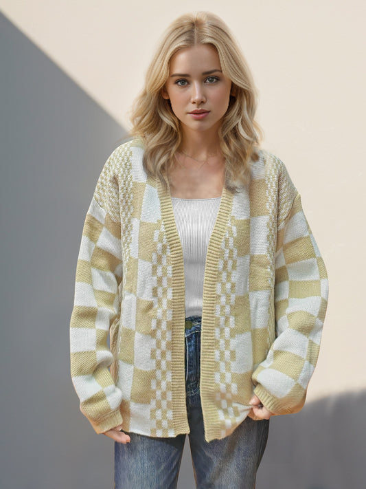 Double Take Checkered Open Front Dropped Shoulder Cardigan