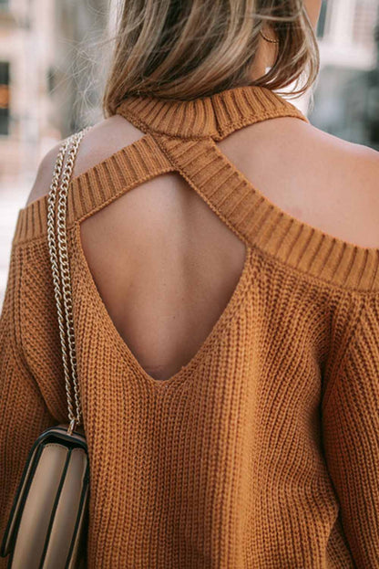 Cutout Back Cold Shoulder Long Sleeve Sweater