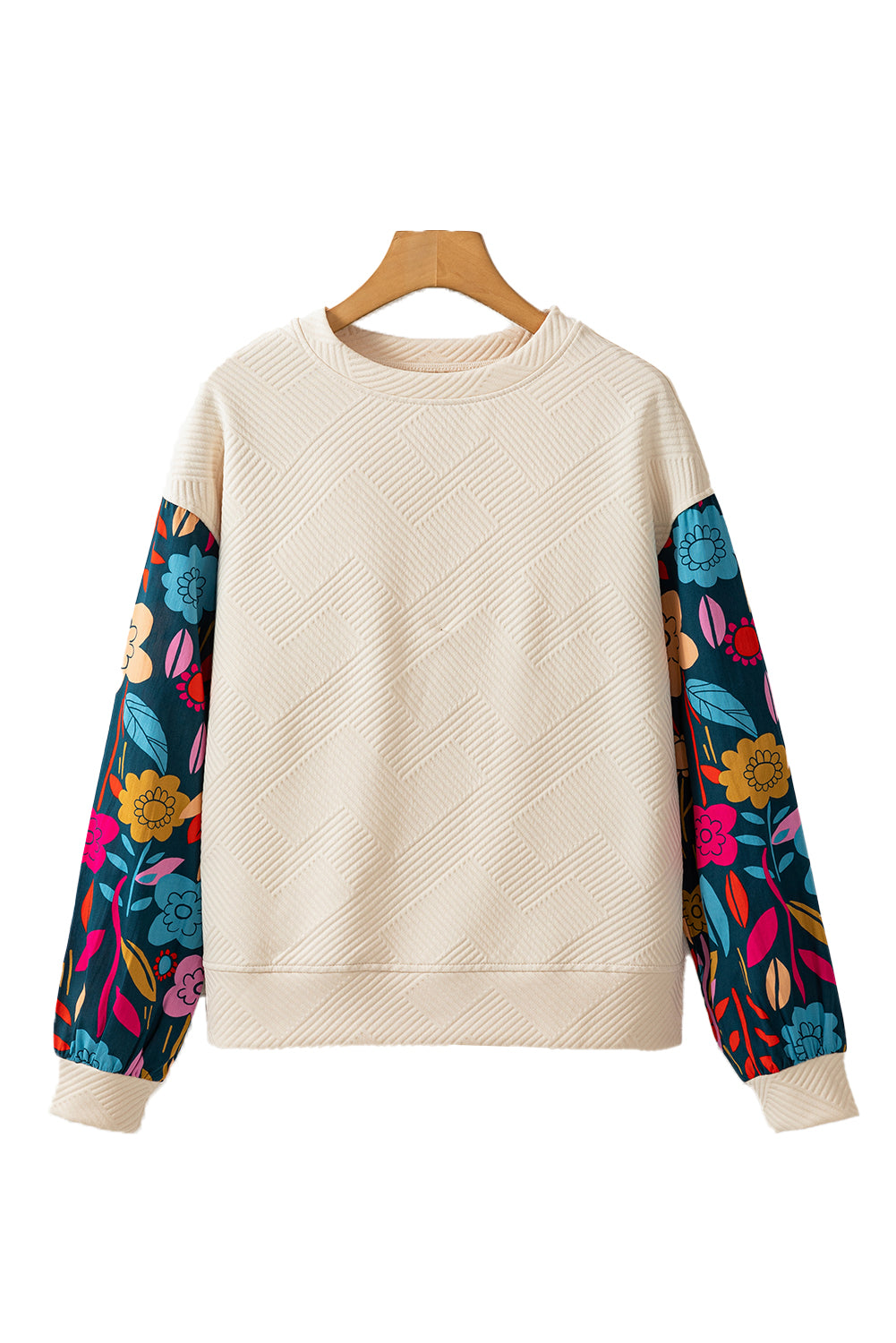 White Vintage Flower Patchwork Sleeve Textured Top