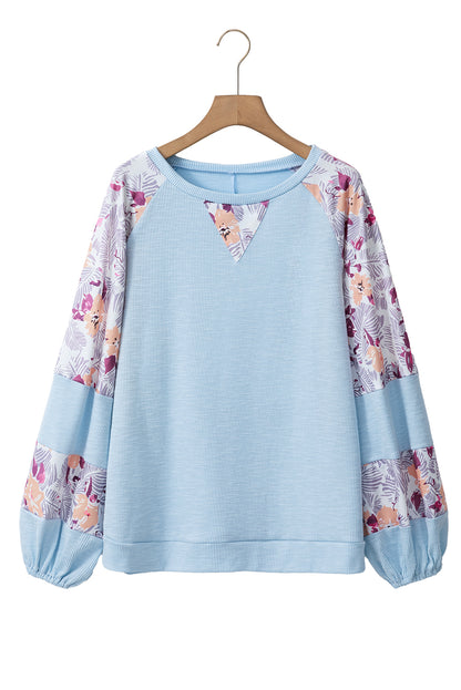 Beau Blue Crinkle Rib Floral Patchwork Balloon Sleeve Top