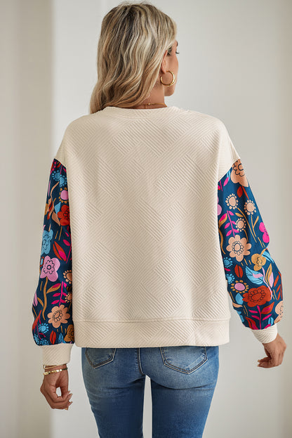 White Vintage Flower Patchwork Sleeve Textured Top