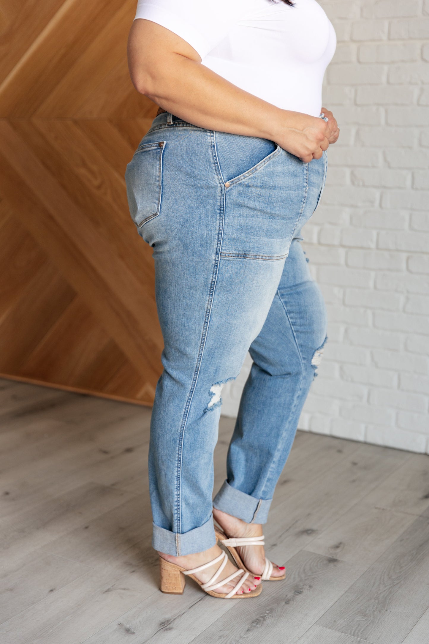 Aiden High Rise Patch Pocket Distressed Boyfriend Jeans