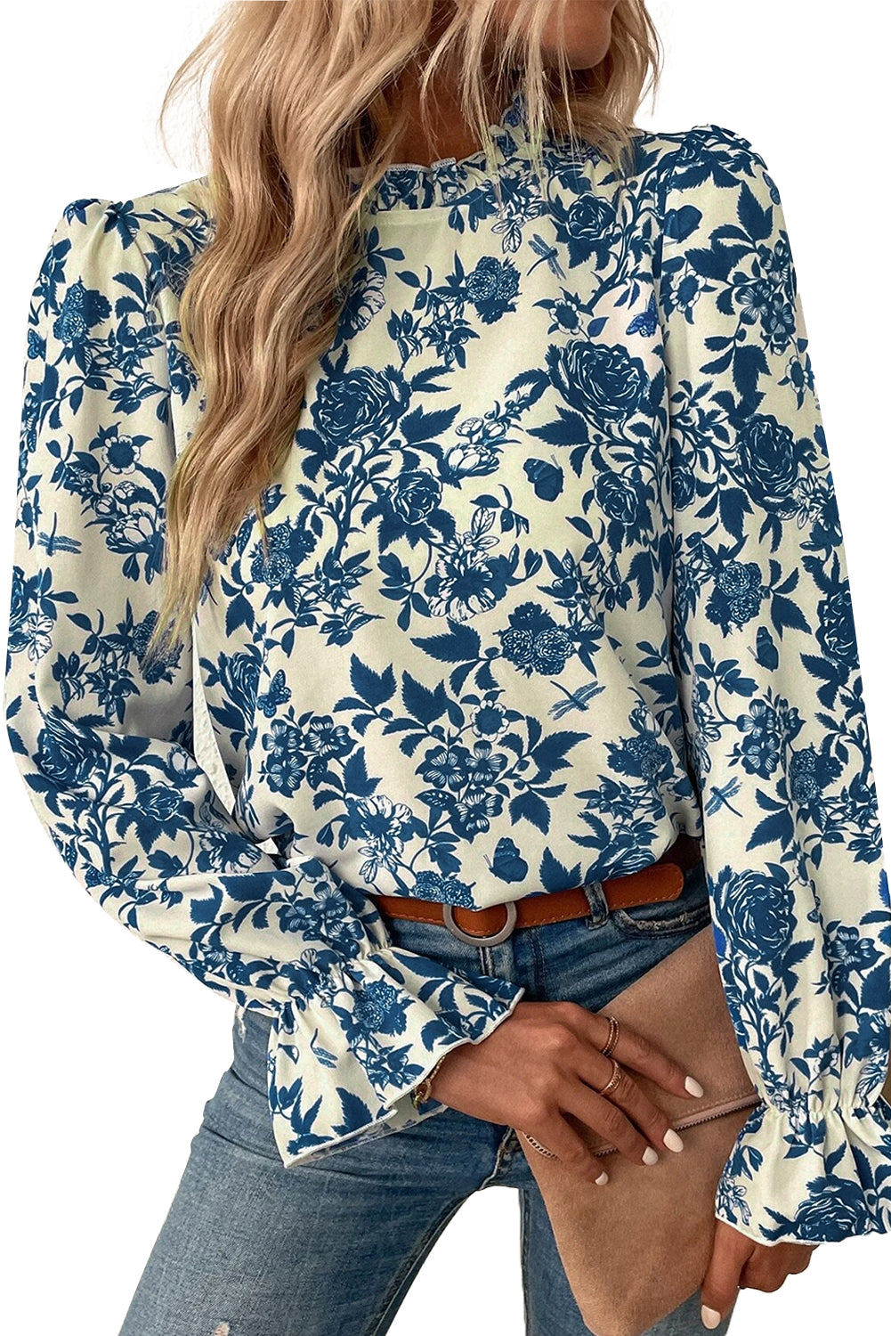 Sky Blue Floral Print Flounce Sleeve Keyhole Back Blouse