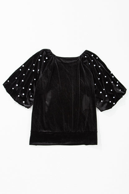 Black Pearl Beaded Half Sleeve Velvet Top