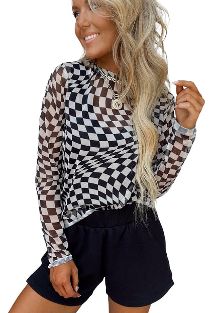 Black Checkered Pattern Mesh Long Sleeve Top