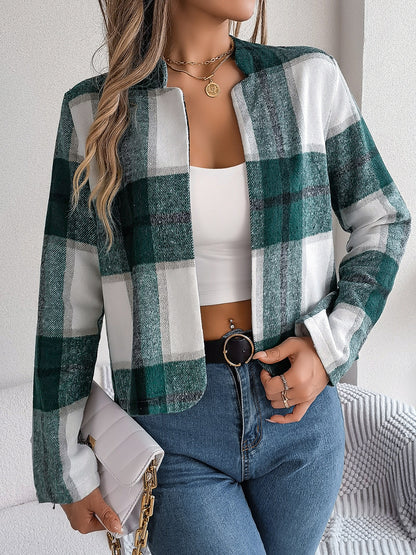 Plaid Open Front Long Sleeve Jacket