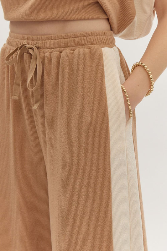 Solid Ribbed Contrast Trim Wide Leg Pants in Camel