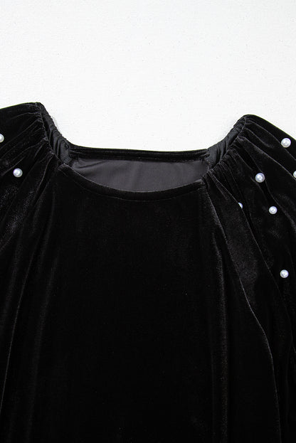 Black Pearl Beaded Half Sleeve Velvet Top