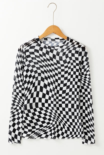 Black Checkered Pattern Mesh Long Sleeve Top