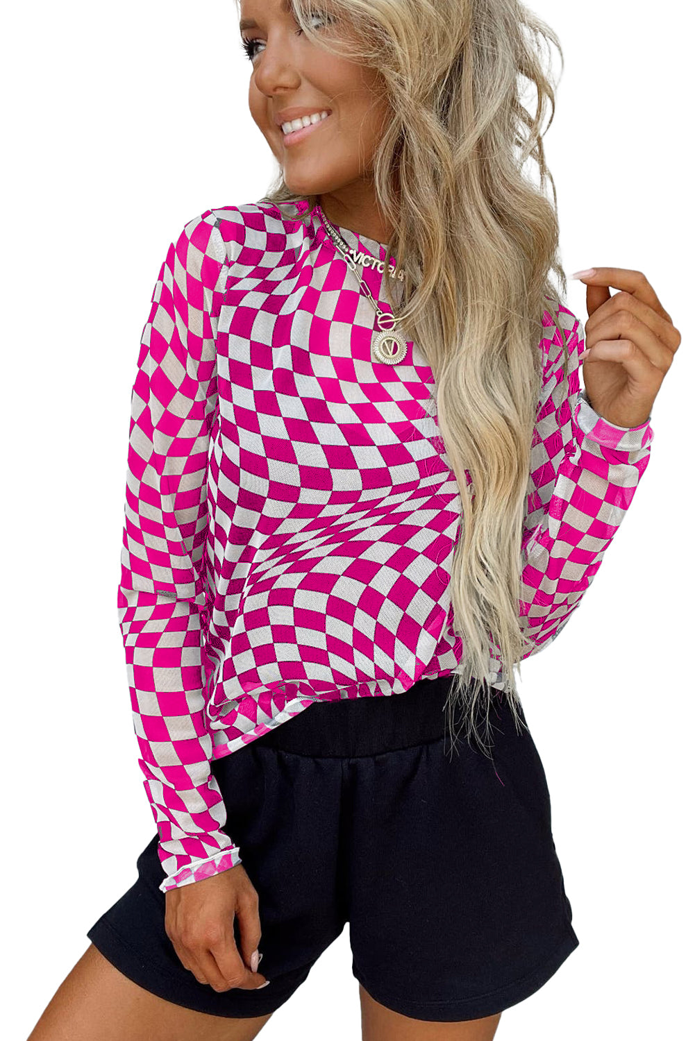 Black Checkered Pattern Mesh Long Sleeve Top