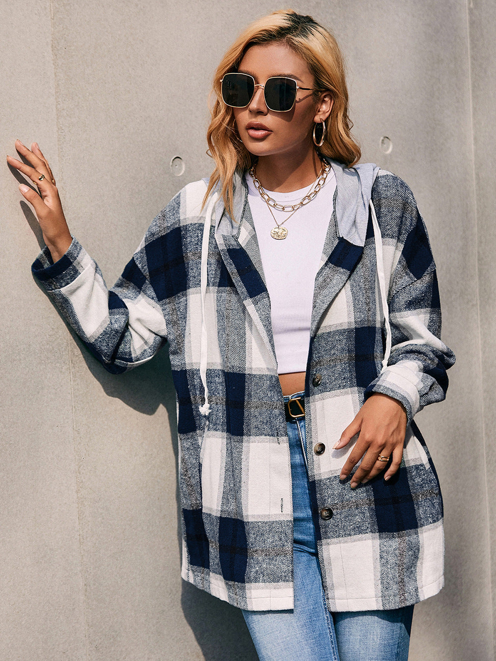 Plaid Dropped Shoulder Hooded Jacket