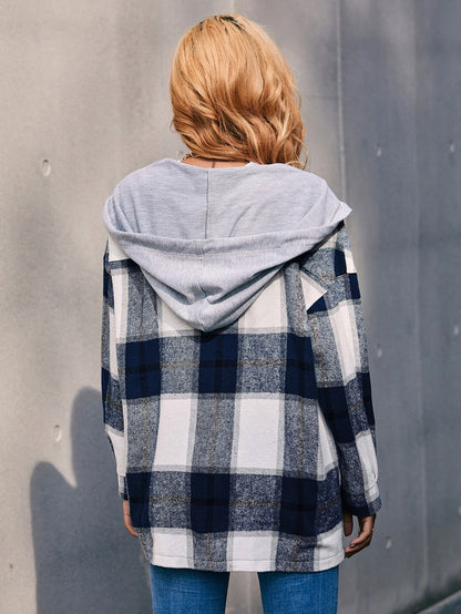 Plaid Dropped Shoulder Hooded Jacket